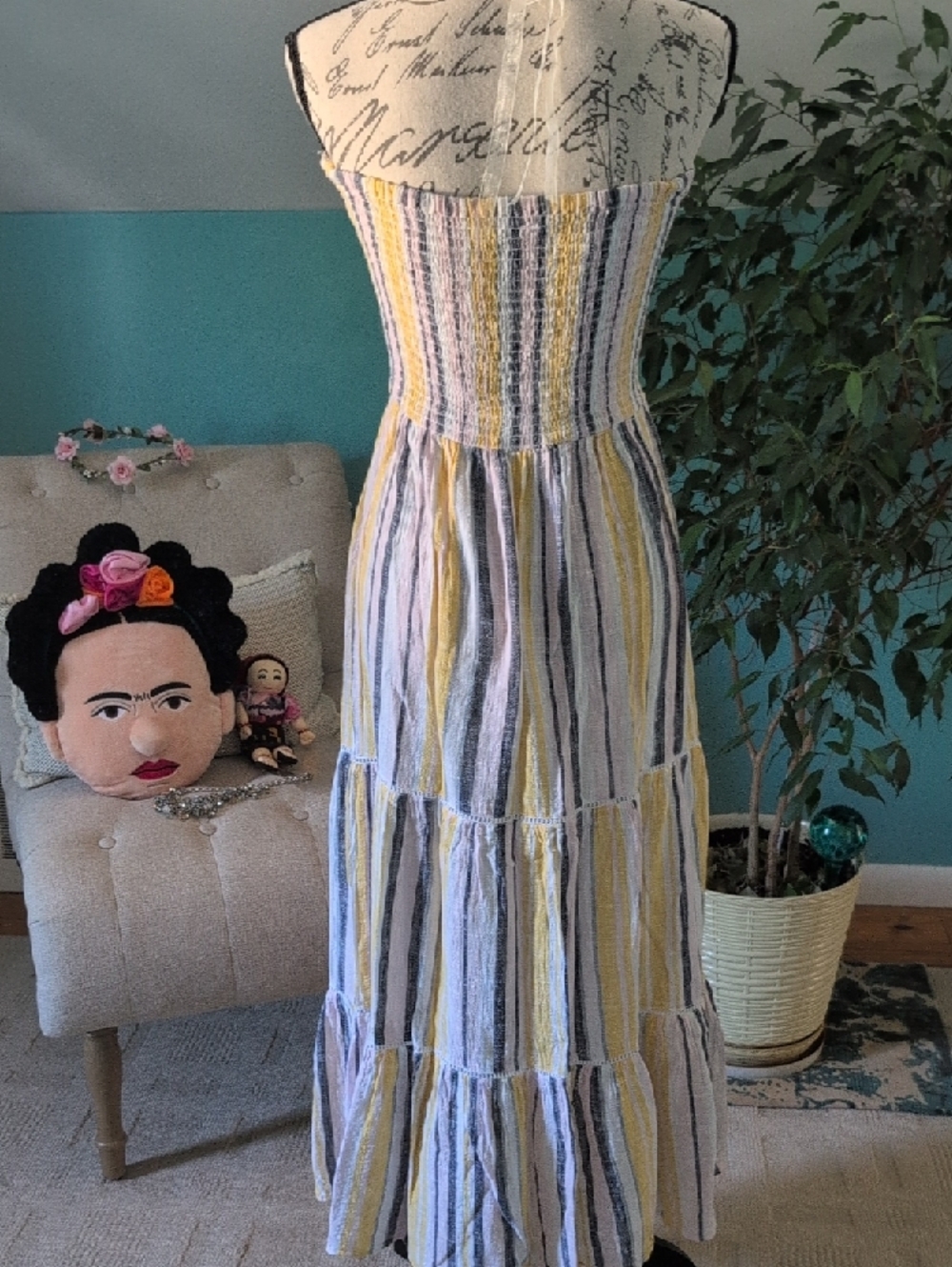 blue island Striped Yellow, Cream & Blue Button-Front Maxi Dress🧚 - Picture 10 of 15